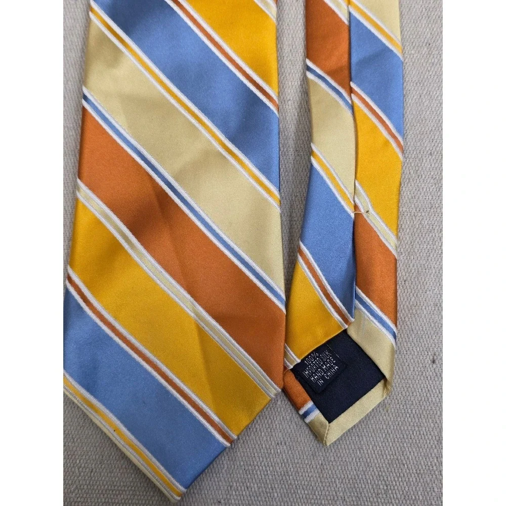 Paul‎ Fredrick Mens Silk Necktie Orange Blue Yellow Striped Handmade Tie